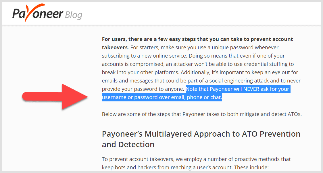 Payoneer Never Ask For Password
