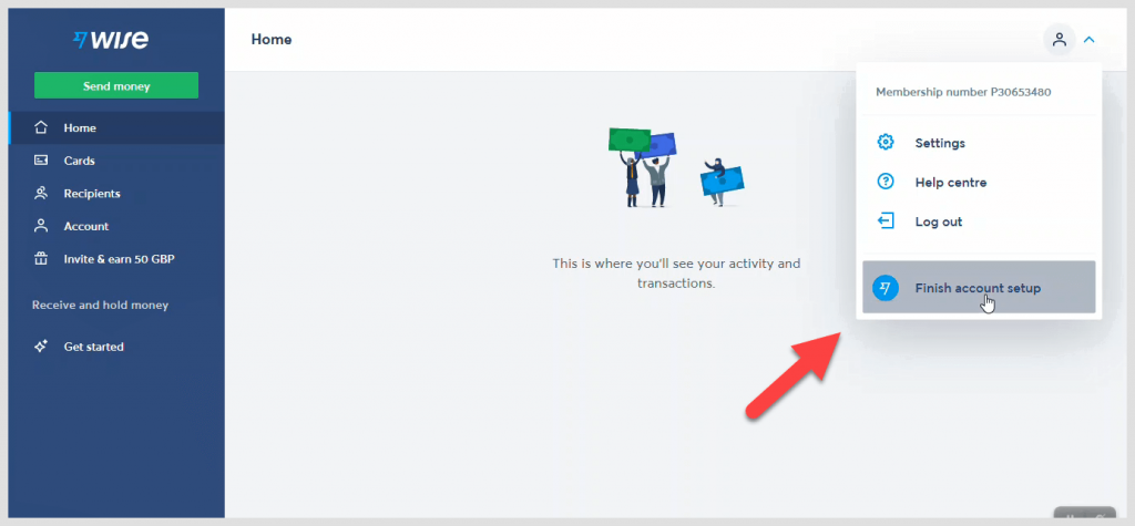 Wise finish account setup