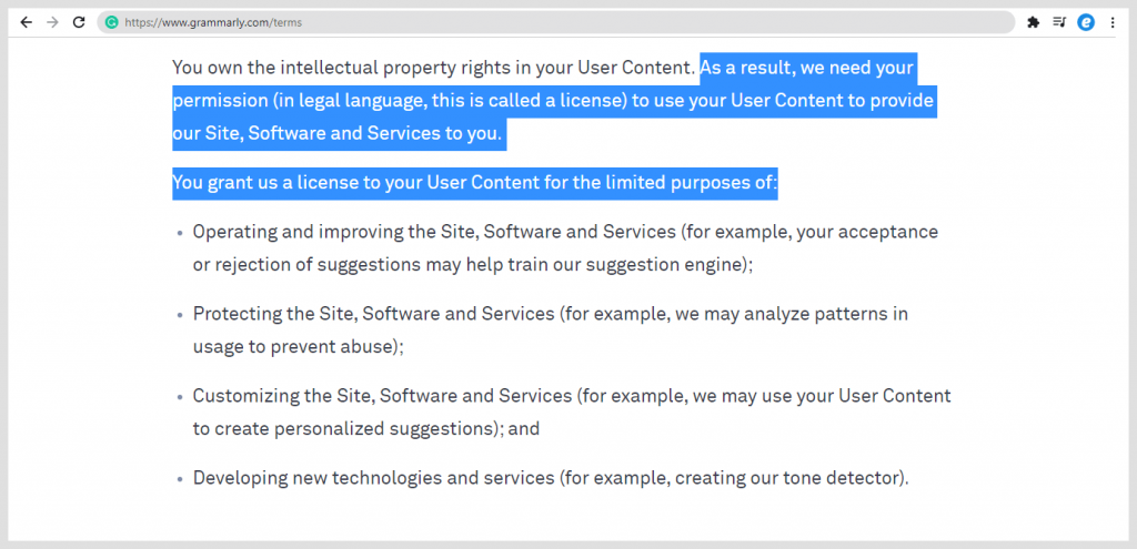 Grammarly permission to user content