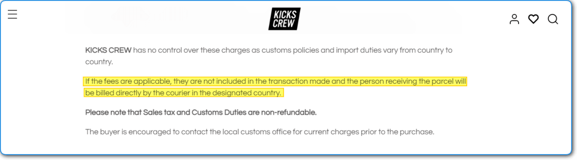 KicksCrew Customs Tariff