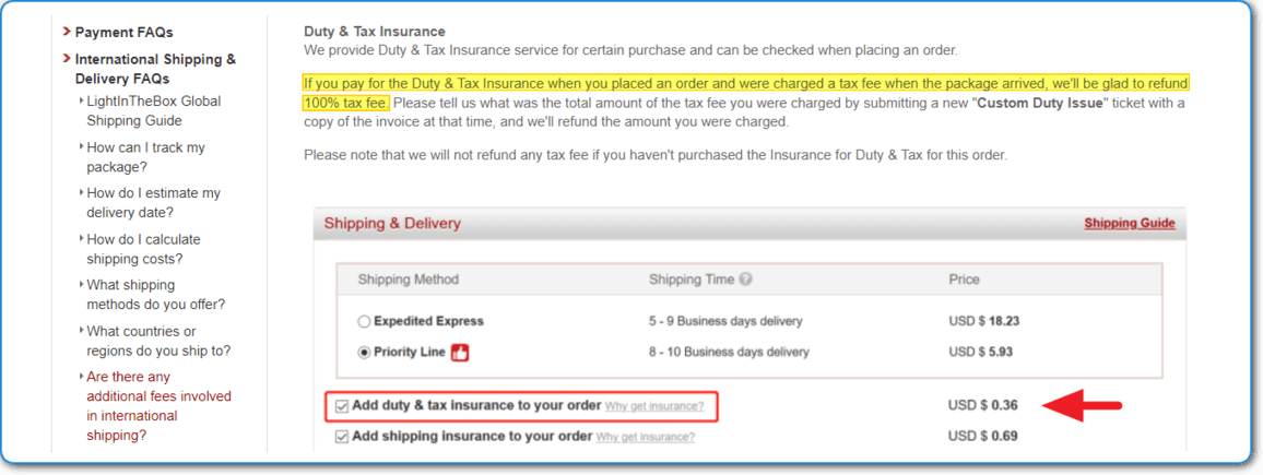 LightInTheBox Duty and Tax Insurance