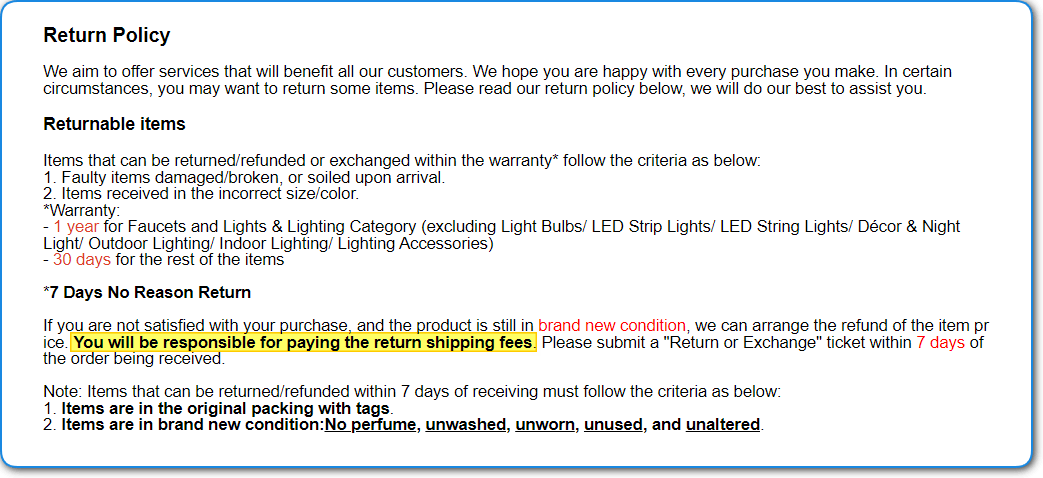 LightInTheBox Return Shipping Fees