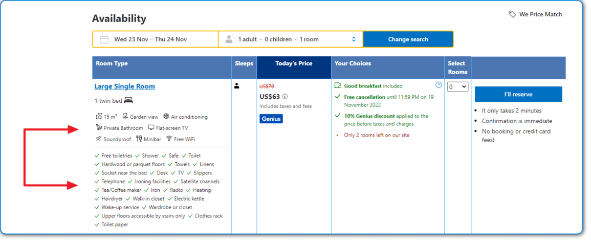Booking.com Room Facilities