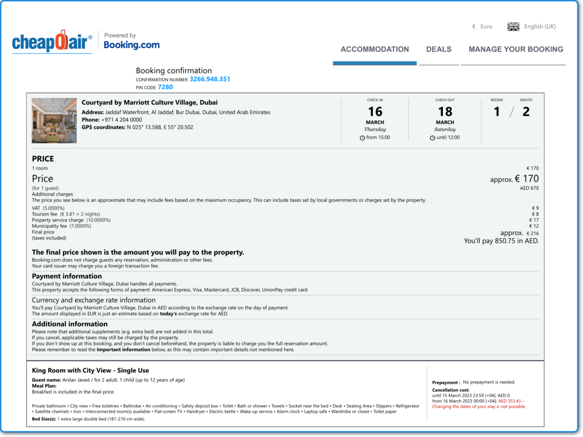 CheapOair Booking Confirmation
