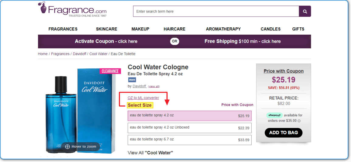 FragranceNet Product Sizes