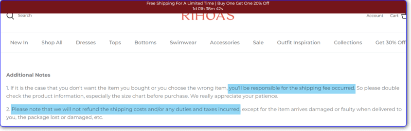 rihoas return shipping charges
