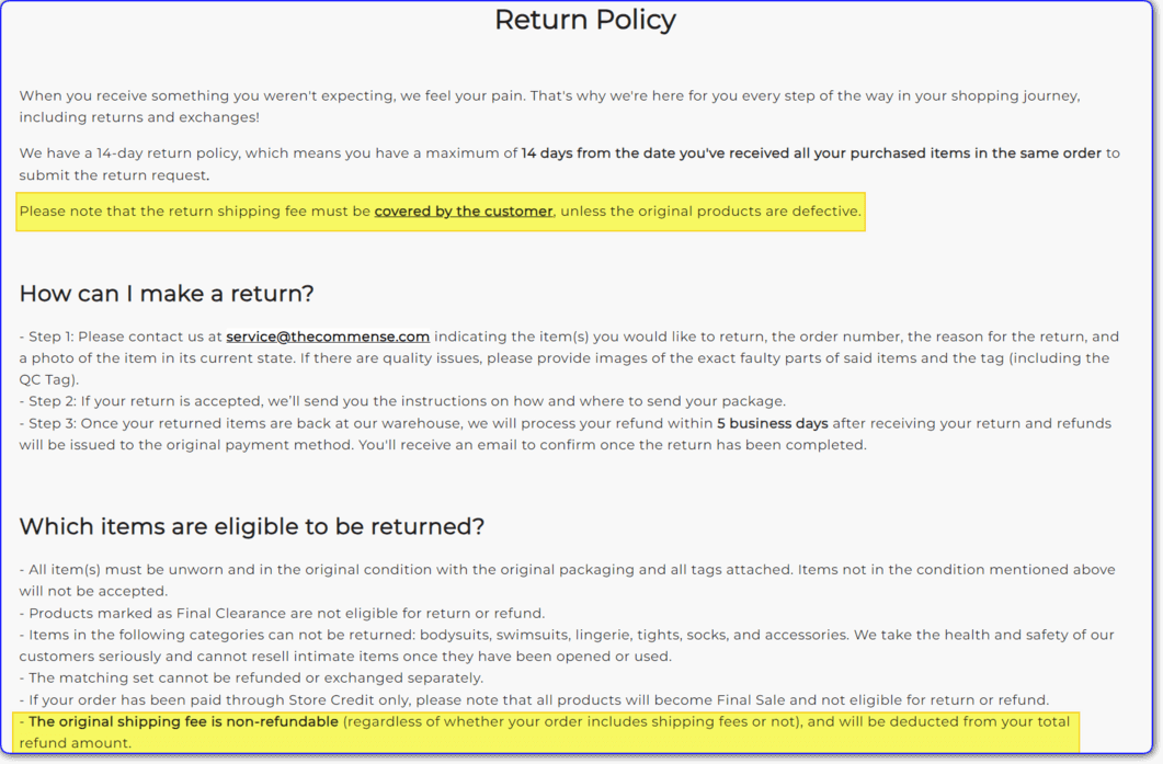 commense return policy