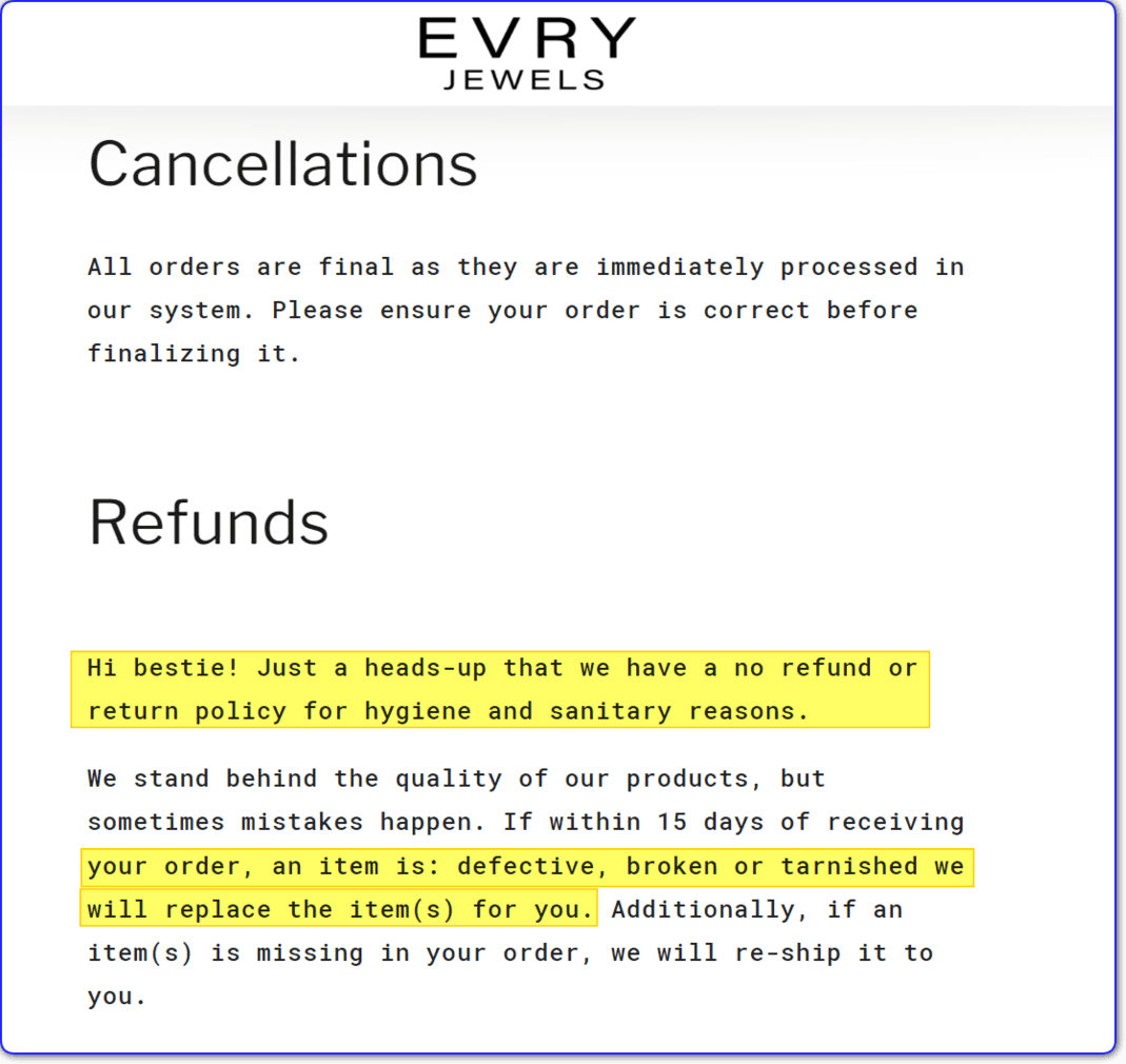 evry jewels return and refund policy