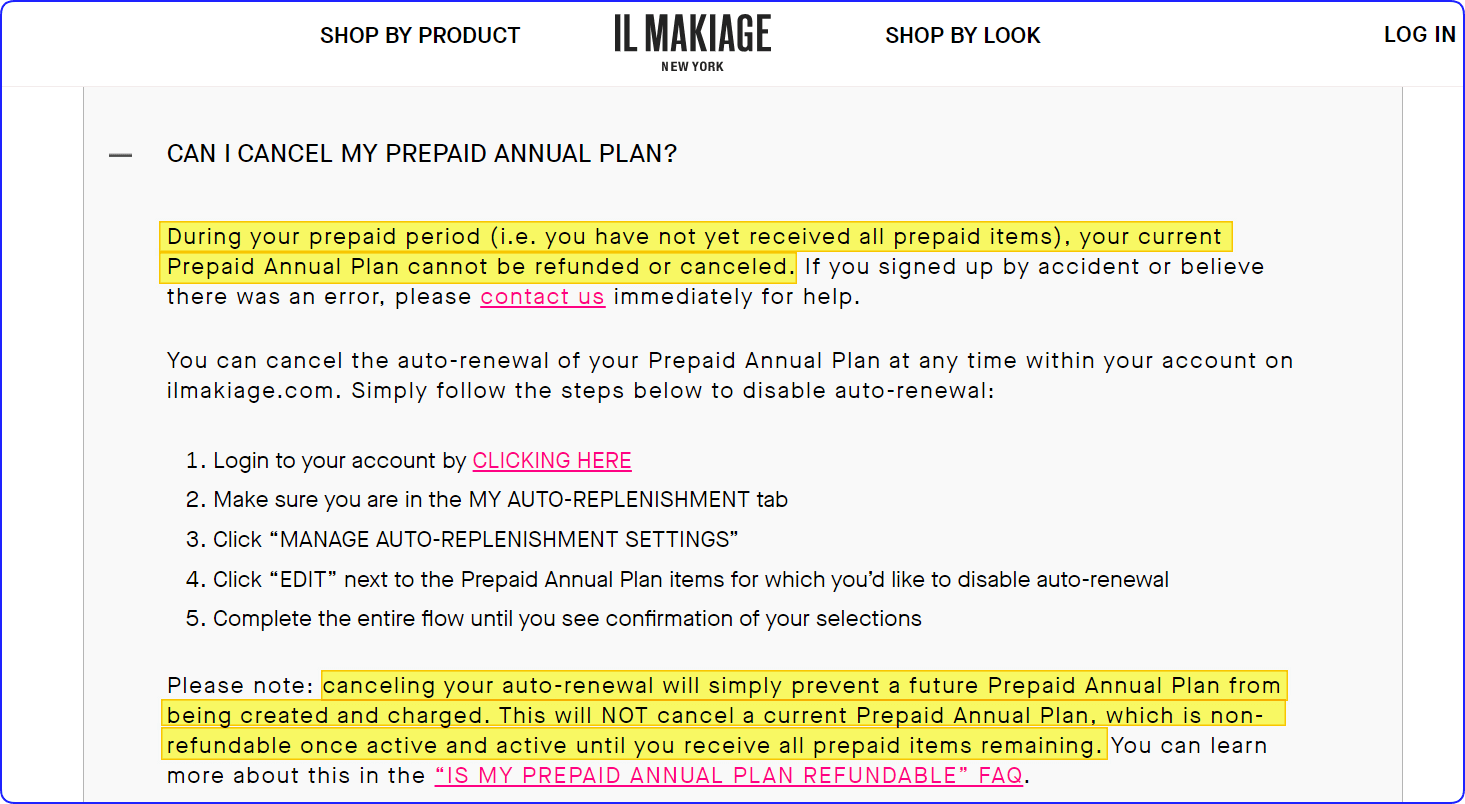 il makiage prepaid annual plan policy